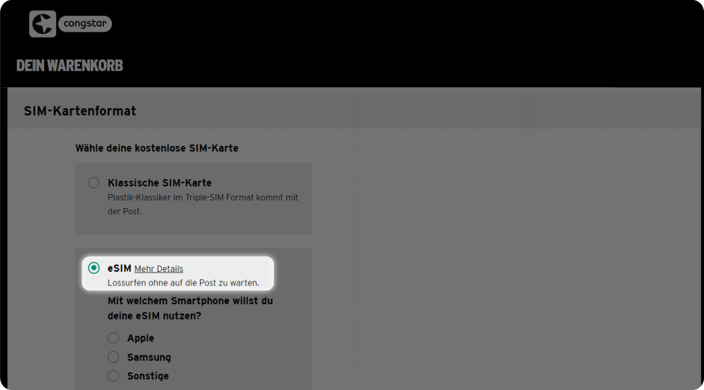 Congstar eSIM checkout