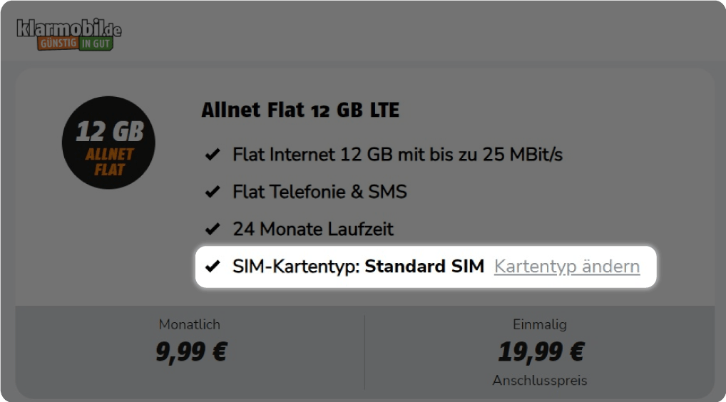 Klarmobil SIM type