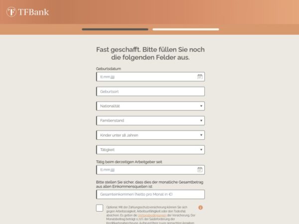 Example: TF Bank Mastercard Gold application form, Source: tfbank.de