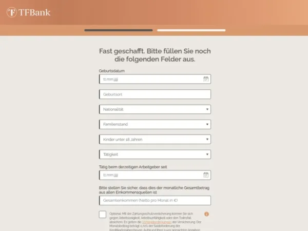 TF Bank Mastercard Gold application form, Source: tfbank.de