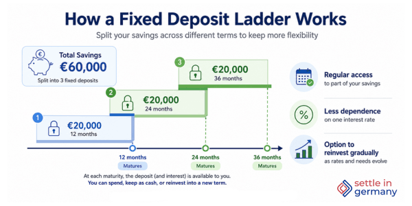 Fixed deposit ladder infographics Fixed deposit ladder showing €60,000 split across 12-, 24-, and 36-month terms