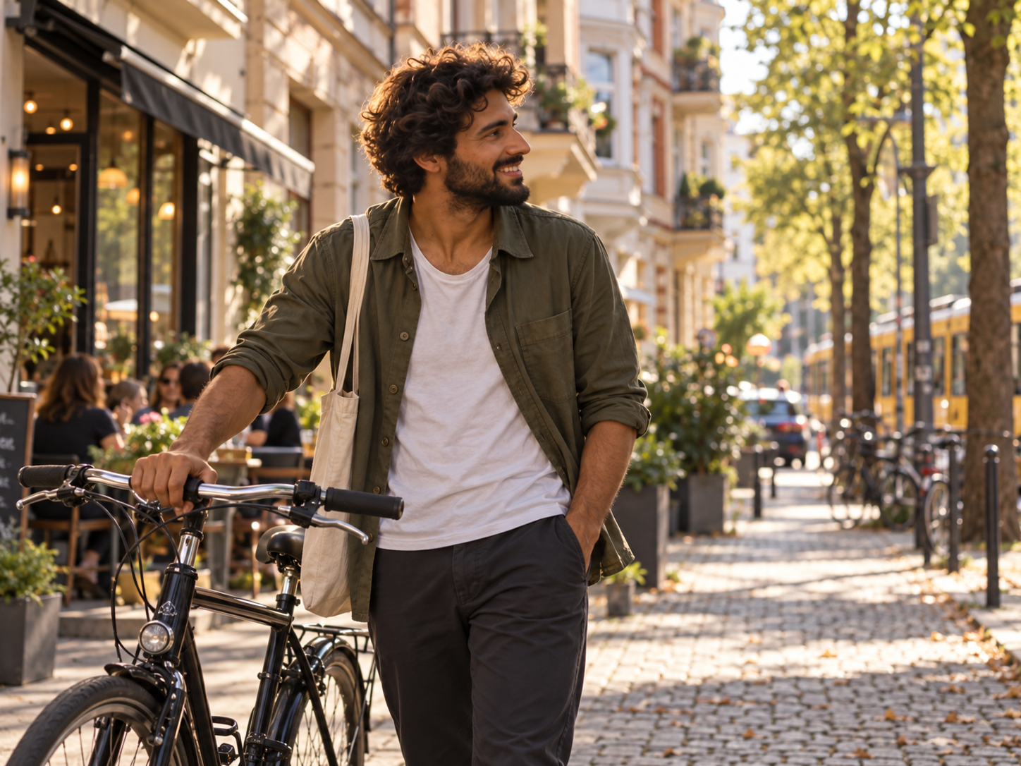 Guy with dark curly hair in Berlin pushing bike