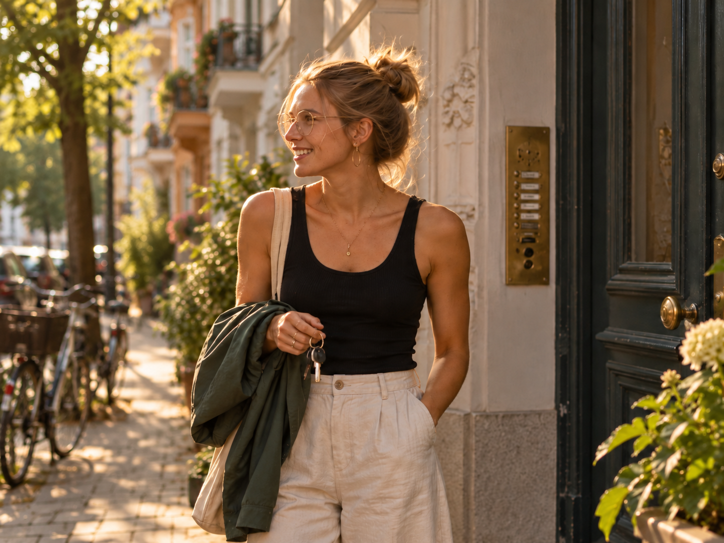 German woman holding keys in front of door in Berlin street