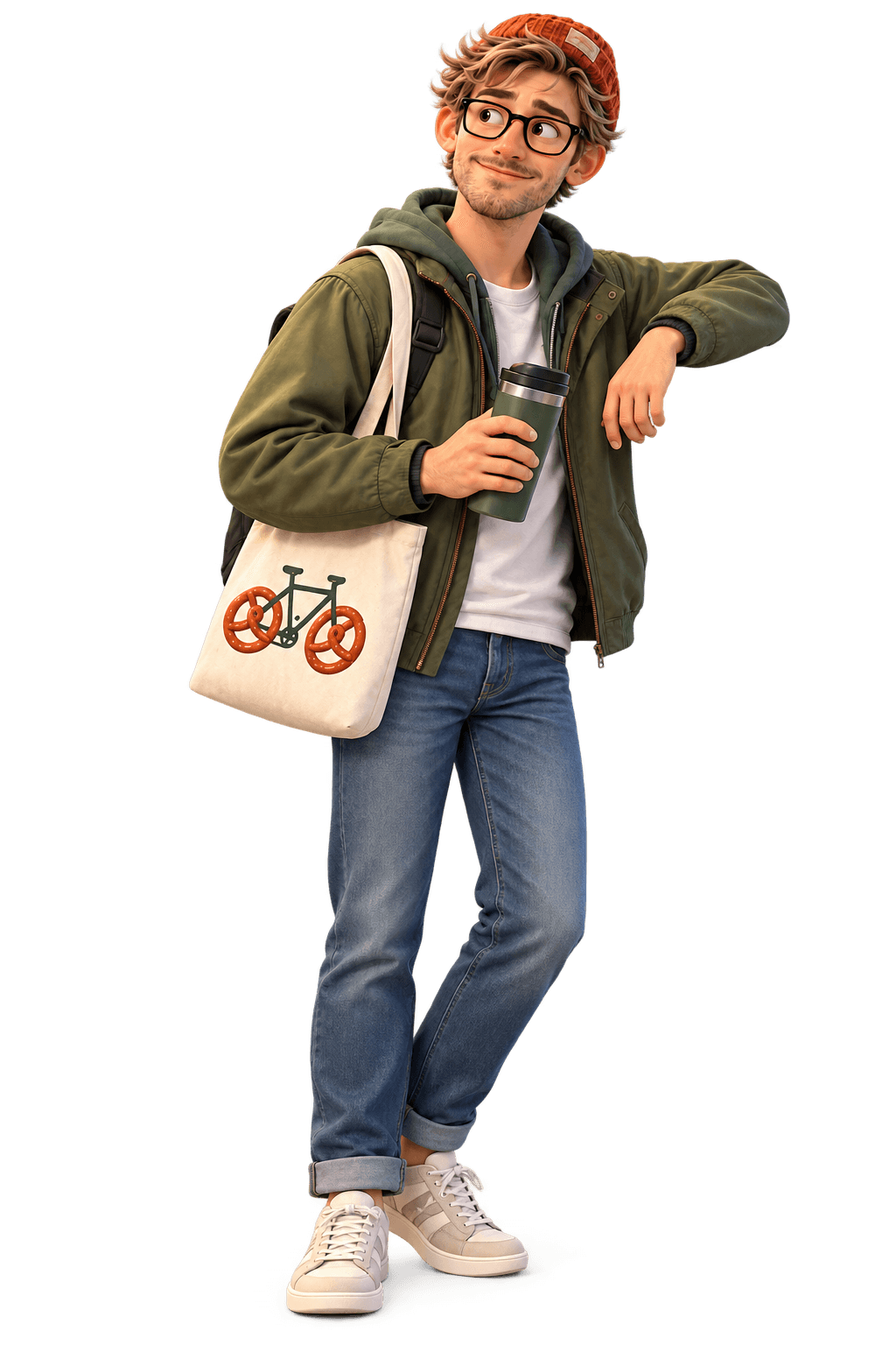 Young German Jan leaning with tote bag and coffee mug