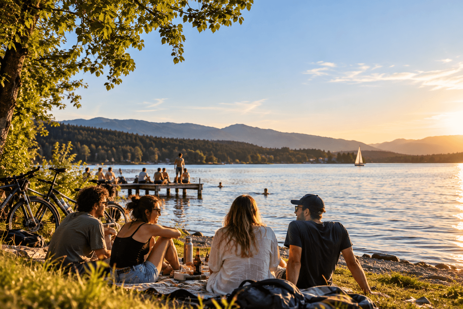 Friends enjoying a summer day by a lake in Germany