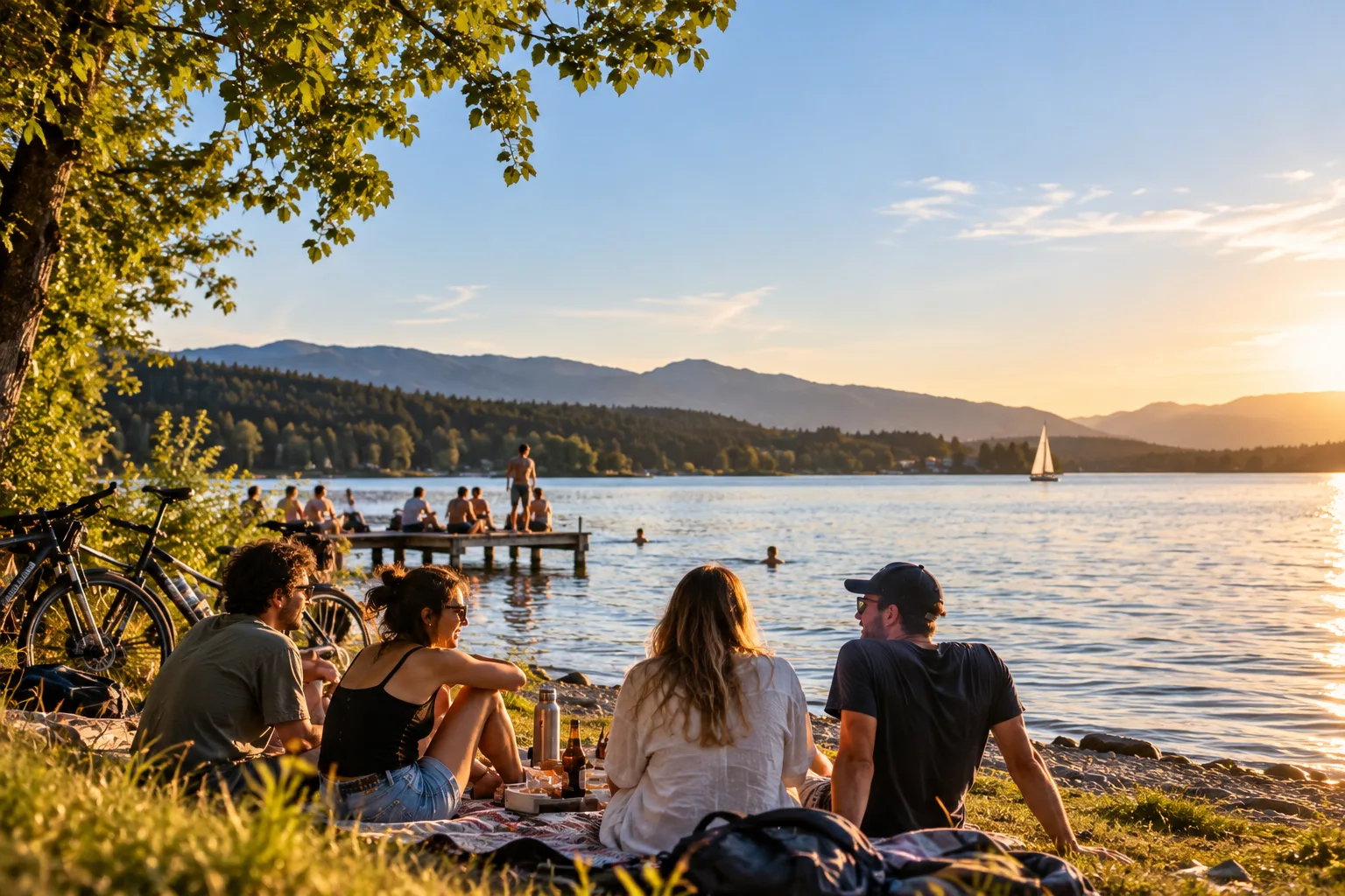 Friends enjoying a summer day by a lake in Germany